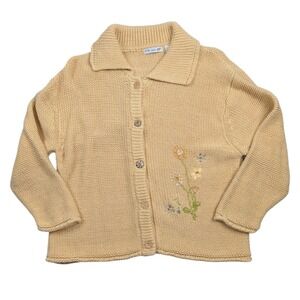 Cable Knit Embroidered Floral Cardigan Sweater Women Medium Beige Yellow‎ Granny